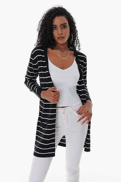 CHUBA Women's Striped Pocket Detailed Open Form Cotton Thin Knitwear Cardigan Black 23s1010