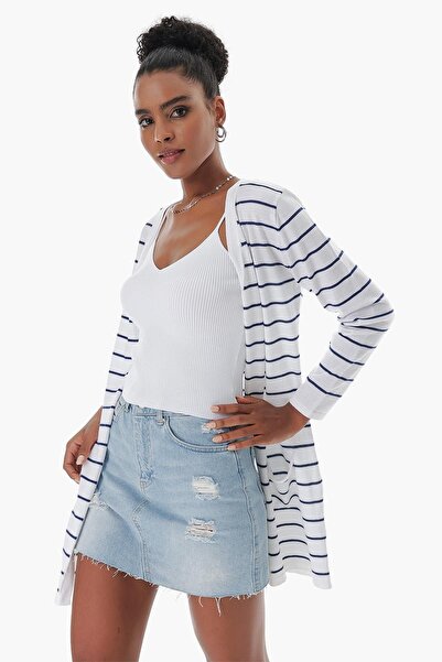 CHUBA Women's Striped Pocket Detailed Open Form Cotton Thin Knitwear Cardigan White 23s1010