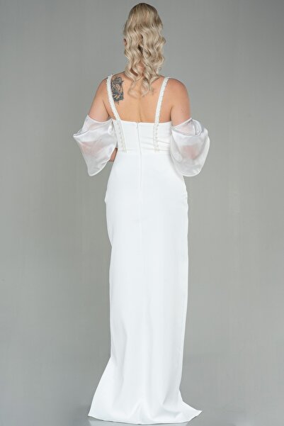 Abiyefon Ekru Askılı Kol Aksesuarlı Yırtmaçlı Uzun Abiye Abu2911