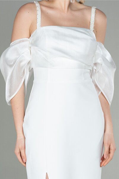 Abiyefon Ekru Askılı Kol Aksesuarlı Yırtmaçlı Uzun Abiye Abu2911