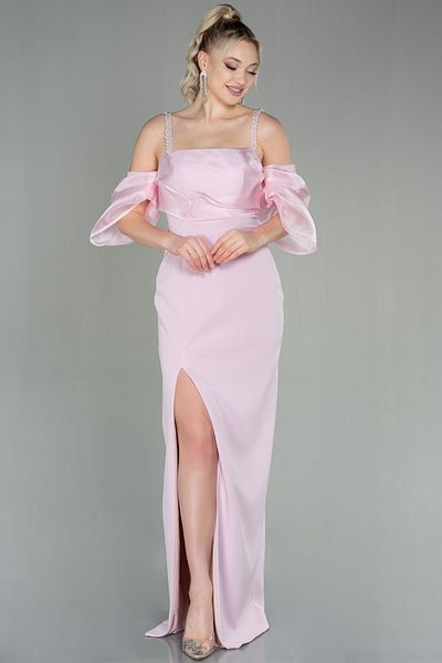 Abiyefon Powder Long Evening Dress with Straps and Sleeve Accessories - Slit, Abu2911