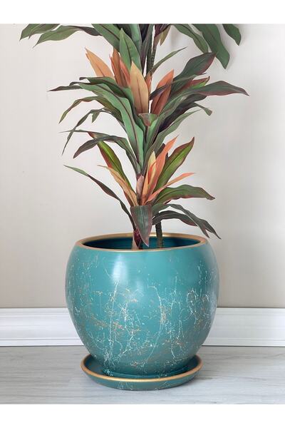 odka 10litre Küre Saksı Tabaklı 23cmx23cm Lily Zümrüt Gold-beyaz Mermer