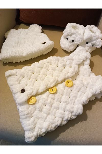 Moda Biçer Soft Hand Knitted 100% Organic Antiallergenic Baby Booties & Vest & Beanie Set