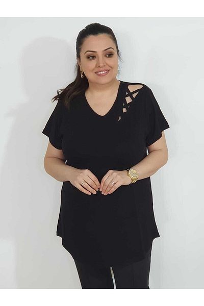 Melis Designer Large Size T-shirt with Shoulder Detail