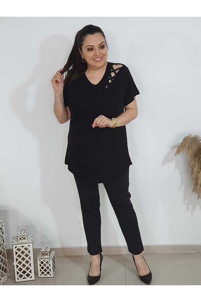 Melis Designer Large Size T-shirt with Shoulder Detail