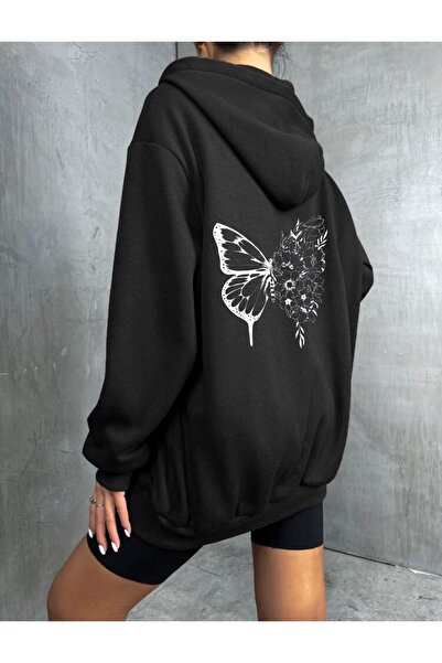 LOUİSA Kapşonlu Fermuarlı Çiçekli Kelebek Baskılı Sweatshirt