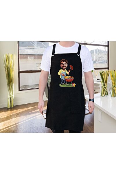 Bk Gift Kişiye Özel Erkek Chef Karikatürlü Profesyonel Siyah Mutfak Önlüğü, A...