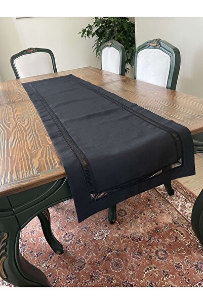 Lilies Atelier Keten Siyah Renk Kolber Detaylı Luxury 40 X 150 Runner Leke Tu...