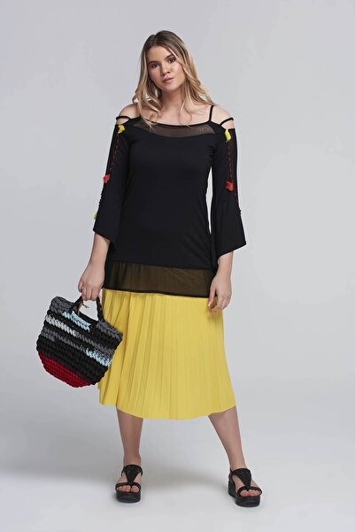 Zer Otantik Boncuklu Kol Detay Askılı Büyük Beden Bluz Siyah