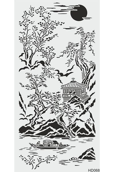 STENCİLTASARIM Stencil Design Hd068 Chinese Pattern Wall Wood Glass Painting Pattern 70x140cm