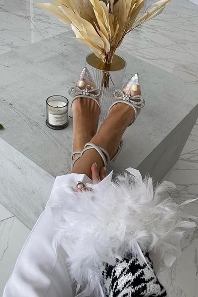 TrendyAnka Pantofi de seară de damă, transparent, argintiu, maro, 8 cm, cu toc, fundă, piatră, gleznă, vârf ascuțit