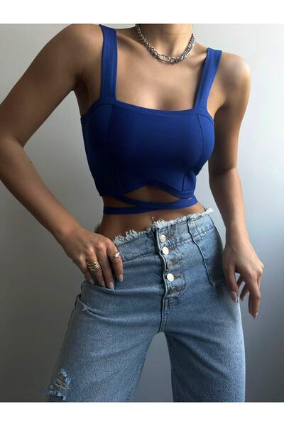 Pubblica Kadın Mavi Kalın Askılı Bel Bağlamalı Triko Crop Bluz