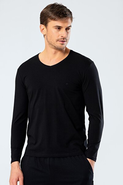 Cacharel 1334 Мъжка тениска с V-образно деколте и дълъг ръкав - черна