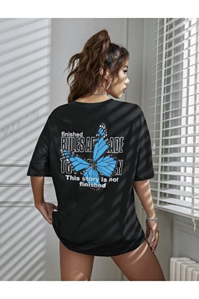 LOUİSA Tricou oversize cu fluture negru albastru