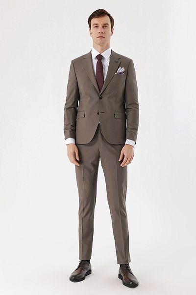 Morven Men's Coffee Wool Plain Pattern 6 Drop Slim Fit Suit