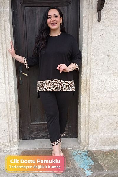 tarzımsüper Plus Size 2-Piece Comfort Model Leopard Pattern Tunic with Trousers Stylish Black Leopard Double Bottom-Top Set