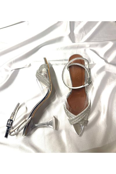 TrendyAnka Pantofi de seară de damă prințesă argintiu maro transparent cu piatră încrucișată 8 cm cu toc transparent