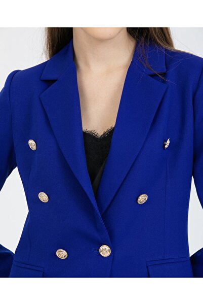 pembekurdelem Kadın Blazer Ceket Kemerli Pantolon Takım Saks Mavi