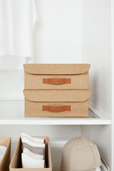 Ocean Home Textile 2 Adet Jüt Kapaklı Dolap Çekmece İçi Takı Çamaşır Katlanır Saklama Kutusu Organizer 30x23x11