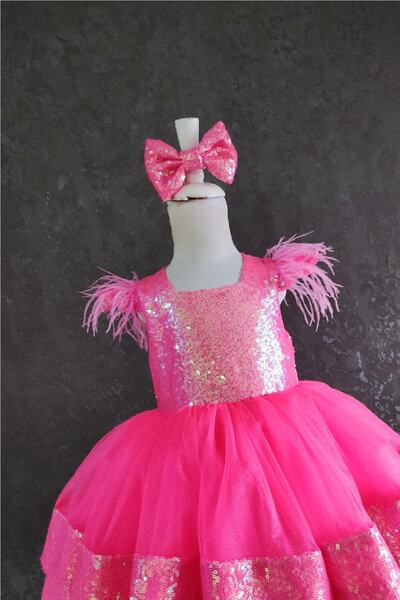 NGS STİL Neon Fuşya Minik Kol Iki Katlı Elbise