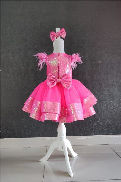 NGS STİL Neon Fuşya Minik Kol Iki Katlı Elbise