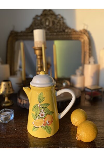 Handmadesign Kapaklı El Yapımı Seramik Sürahi - Limon Yapraklı Dallı Sarı