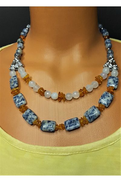 Asteria Elite Amber Sodalite Smoky Agate Energy, Logic and Mental Clarity Necklace Bracelet Set