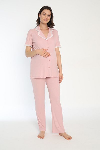 Miss Dünya Lissa Cotton Corded Front Buttoned Maternity and Pregnant Pajamas Set