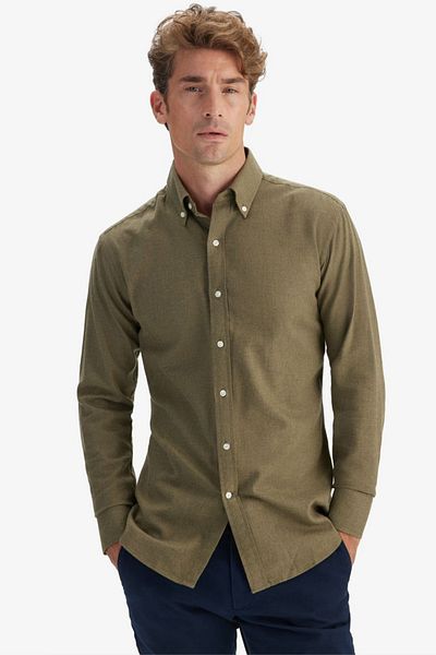 alenmeza Men's Khaki Green Lumberjack Melange Button Collar No Pocket Modern Fit Shirt
