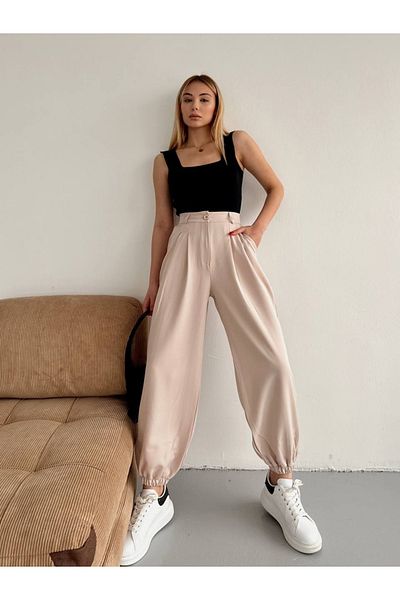 ÇEÇİM Women's High Waist Pleated Leg Elastic Baggy Cut Trousers Zyn-58462