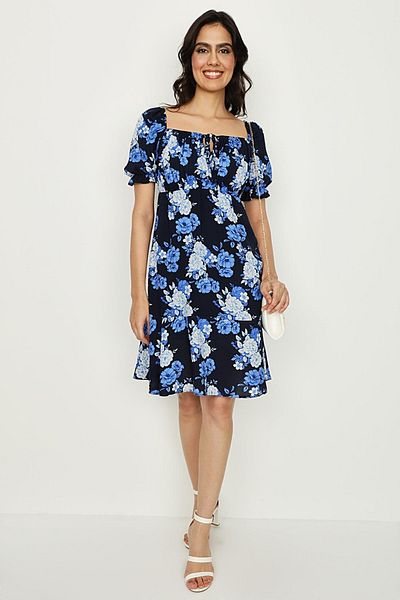 Select Moda Rochie de damă albastră cu guler pătrat floral