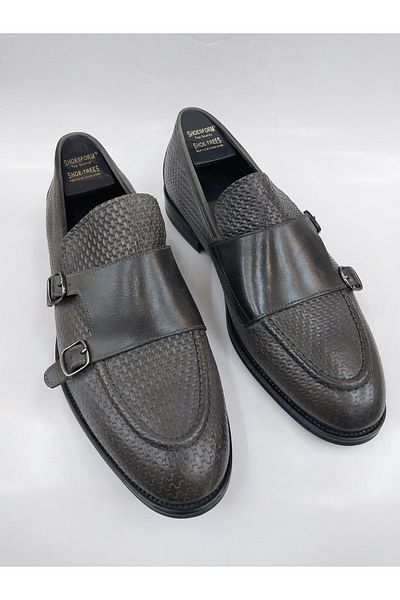 Mira Deri Genuine Leather Gray Double Strap Loafer Men's Shoes