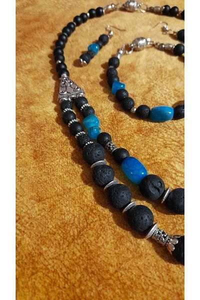 Asteria Elite Lava Stone Blue Agate Communication and Balance Jewelry Set