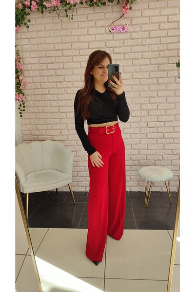 DERİNBOUTIQUE Women's High Waist Gold Belt Corset Effective Recovery Lycra Palazzo Fabric Pants
