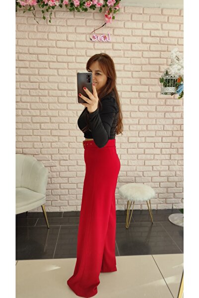 DERİNBOUTIQUE Kadın Yüksek Bel Gold Kemer Korse Etkili Toparlayıcı Likralı Palazzo Kumaş Pantolon