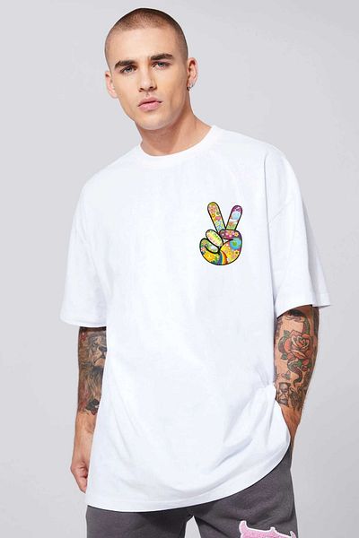 FAVORİST Λευκό βαμβακερό μπλουζάκι Peace Oversize Crew Neck