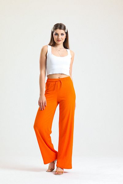 Babelook Orange Seersucker Wrap Women's Summer Trousers - Wide Leg