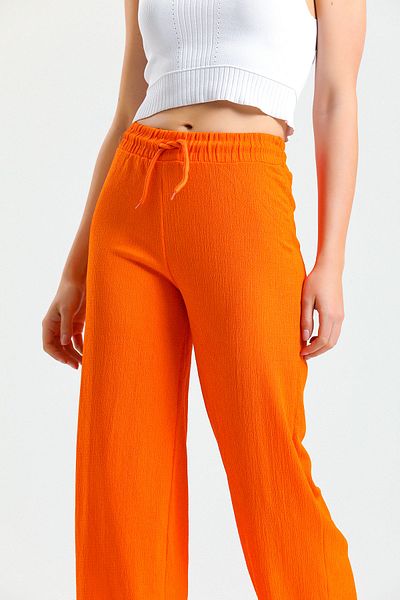 Babelook Orange Seersucker Wrap Women's Summer Trousers - Wide Leg