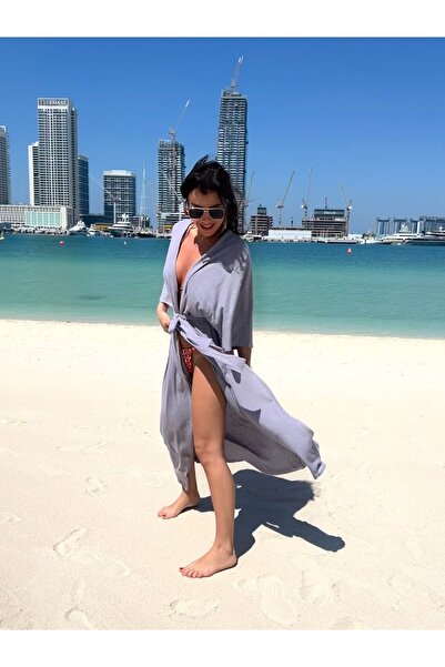 BEACHTALK 100%keten Ince Dökümlü Kumaştan Uzun Kimono