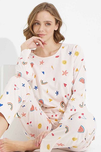 Siyah İnci Cotton Patterned Knitted Pajama Set