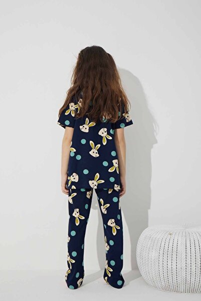 Siyah İnci Σετ πιτζάμες με βαμβακερό πλεκτό σχέδιο Navy Blue Rabbit