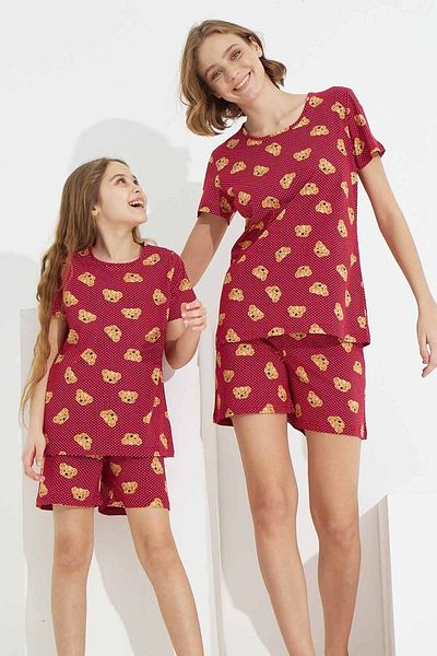 Siyah İnci Set pantaloni scurți tricotați din bumbac cu model ursuleț de pluș de culoare burgundă
