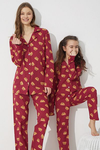 Siyah İnci Burgundy Teddy Bear Patterned Cotton Buttoned Pajama Set