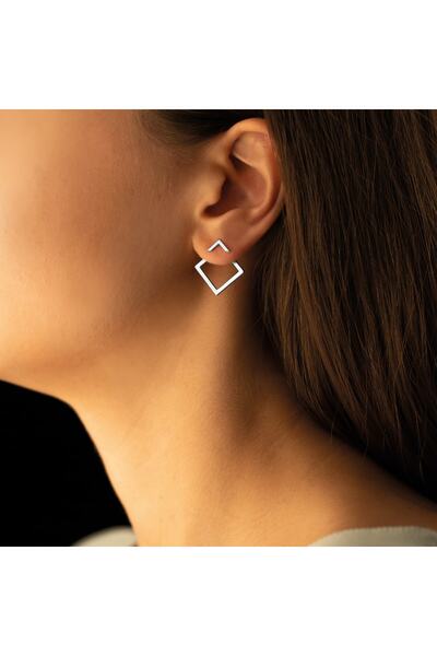 Dkmn Silver Ear Jacket Kare Gümüş Küpe Kadın Gümüş Küpe - Renk: Silver