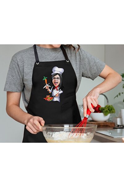 Bk Gift Kişiye Özel Kadın Chef Karikatürlü Profesyonel Siyah Mutfak Önlüğü, A...