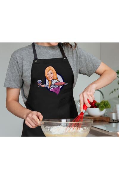 Bk Gift Kişiye Özel Kadın Chef Karikatürlü Profesyonel Siyah Mutfak Önlüğü, A...