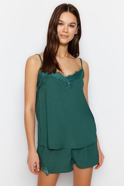 Trendyol Collection Zöld ruched kötélszíj viszkóz szőtt pizsama szett THMSS20PT0290