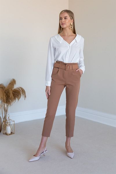 Neşeli Butik Women's High Waist Belted Trousers - Camel Qns040