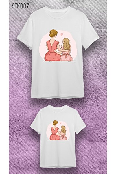 VİZYON İKRA Beyaz Pamuklu Anne Kız Çocuk Yan Yana Pembe Baskılı Kombin T-shirt (ADET FİYATIDIR)
