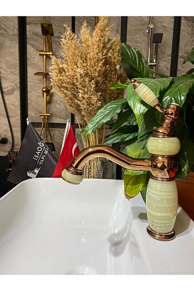İSAOĞLU YAPI Copper Sink Faucet Marble Design Bronze Sink Faucet Country Design Rose Copper